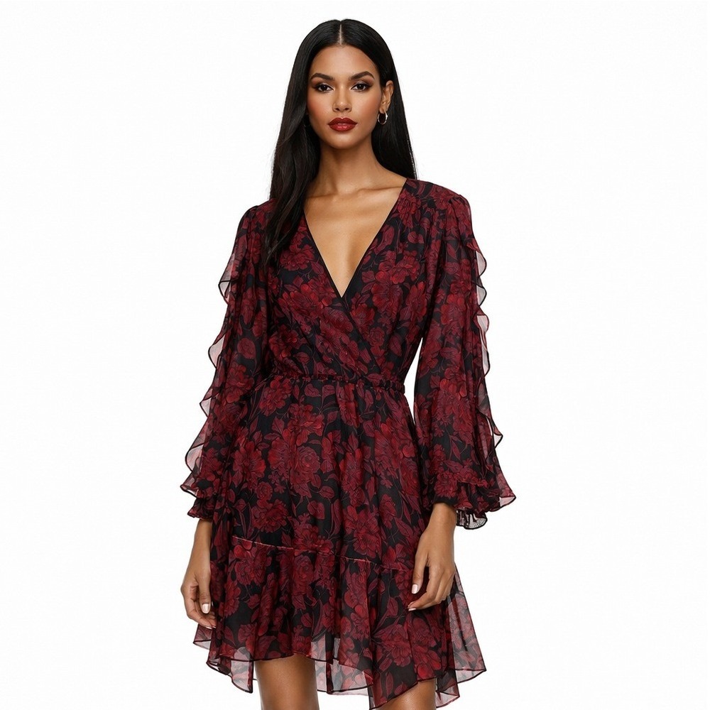 Maison Tara Burgundy and Black Floral Wrap Midi Dress
